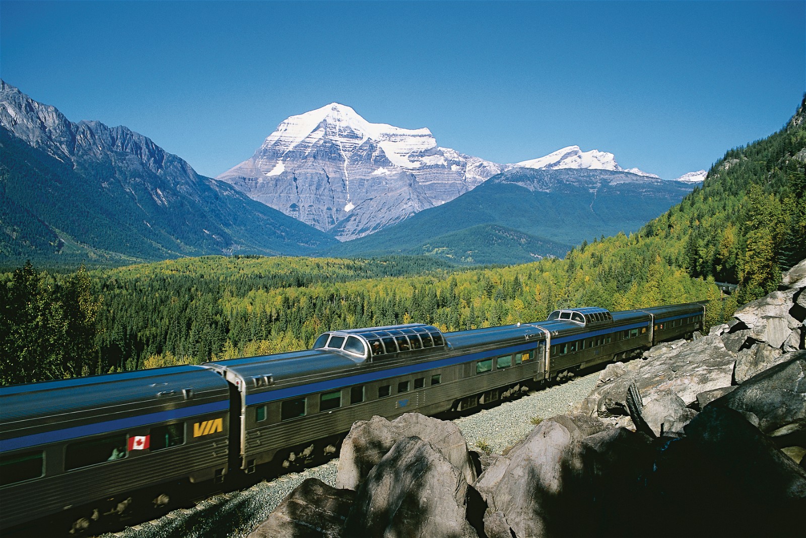 The Trans-Canada Express journey starts in Vancouver, British Columbia, and ends in Toronto, Ontario.