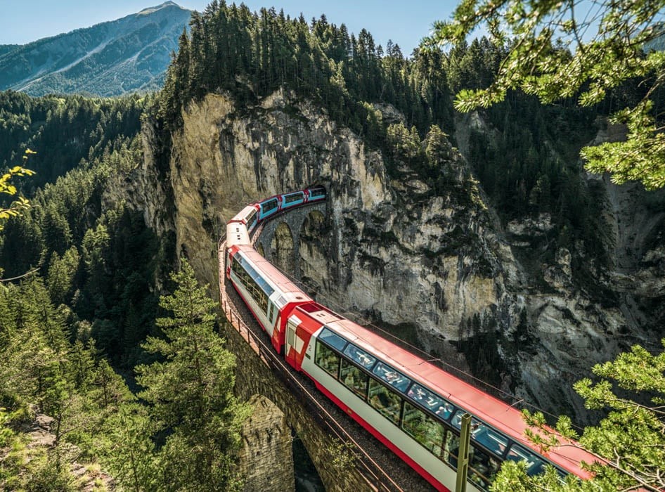 Glacier Express is a panoramic train journey that travels between Zermatt and St. Moritz in Switzerland